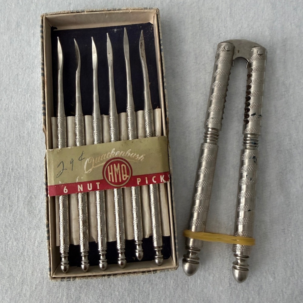 HMQ Quackenbush Nutcracker Set 6 Nut Picks Vintage Silver Tone Tool